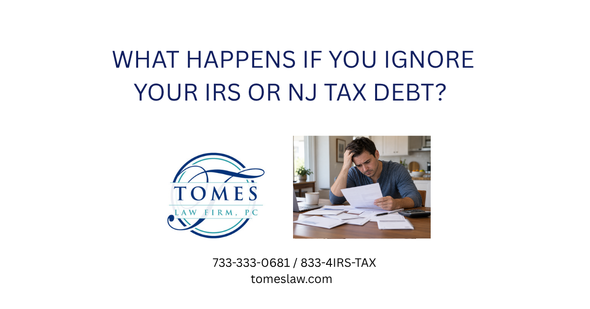Worried man reviewing unpaid tax notices and household bills at his kitchen table, illustrating the financial stress of ignoring IRS tax debt and facing wage