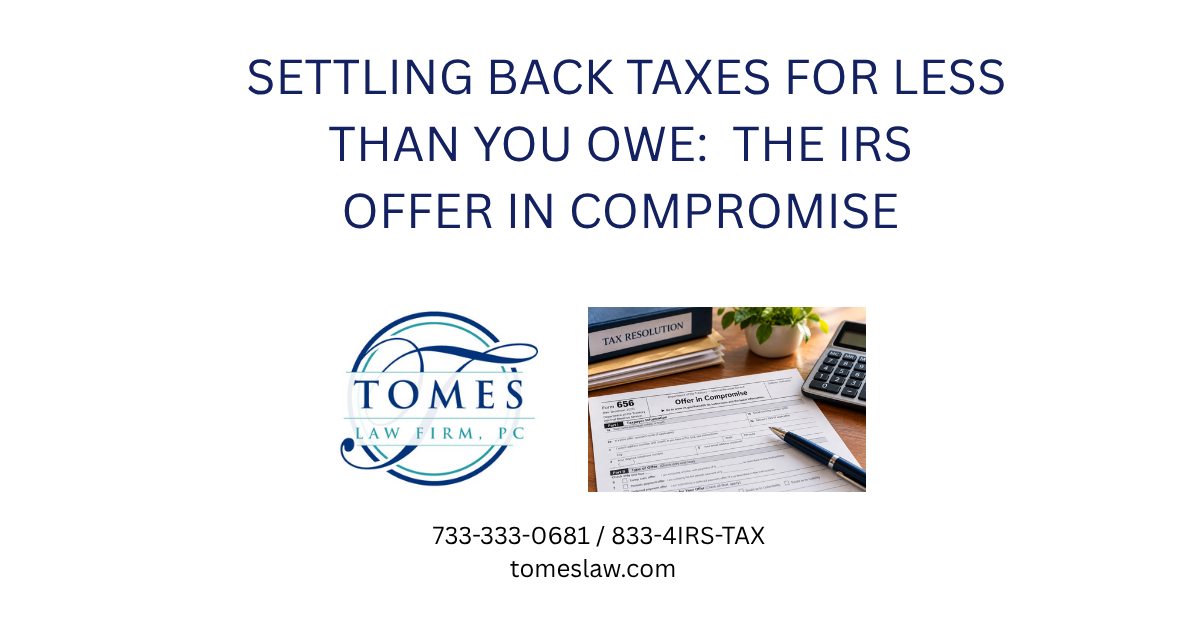 IRS offer in compromise paperwork beside a calculator and coffee cup on a desk.