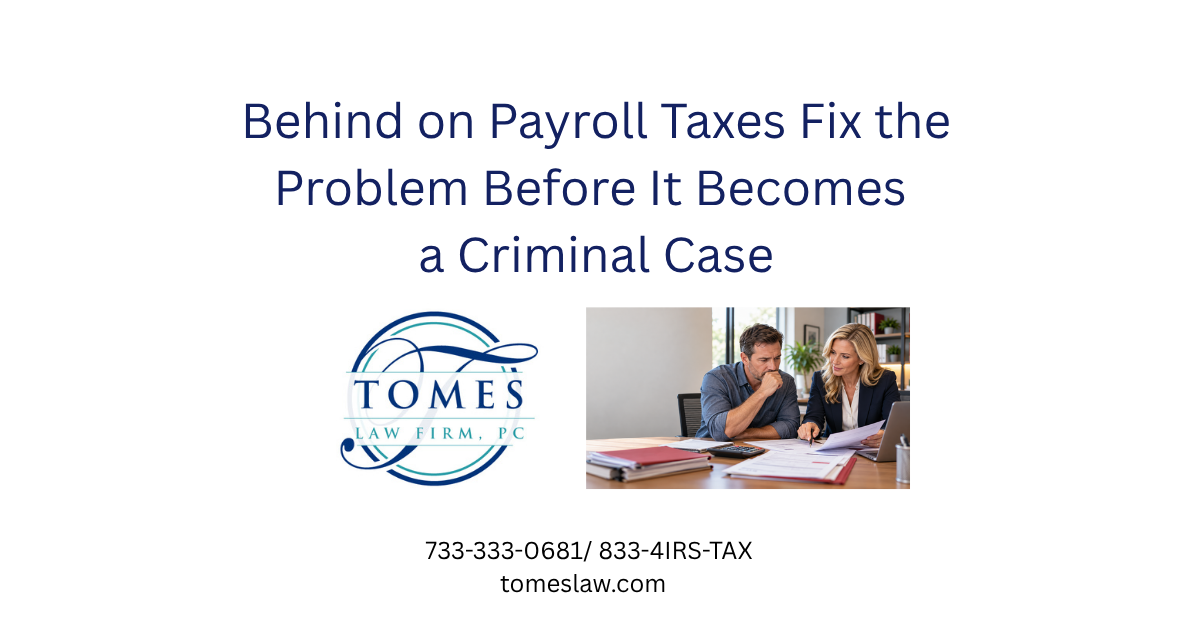 tax attorney helps a concerned small-business owner review payroll-tax records and plan the next steps.
