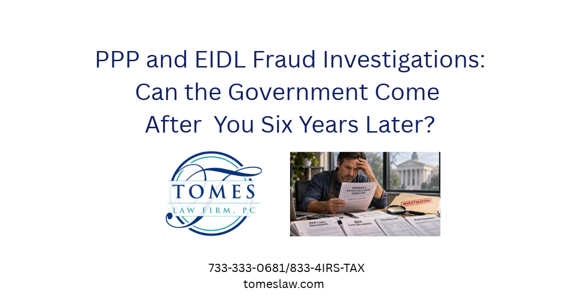Worried small business owner reviewing PPP and EIDL loan documents after receiving a federal investigation notice.
