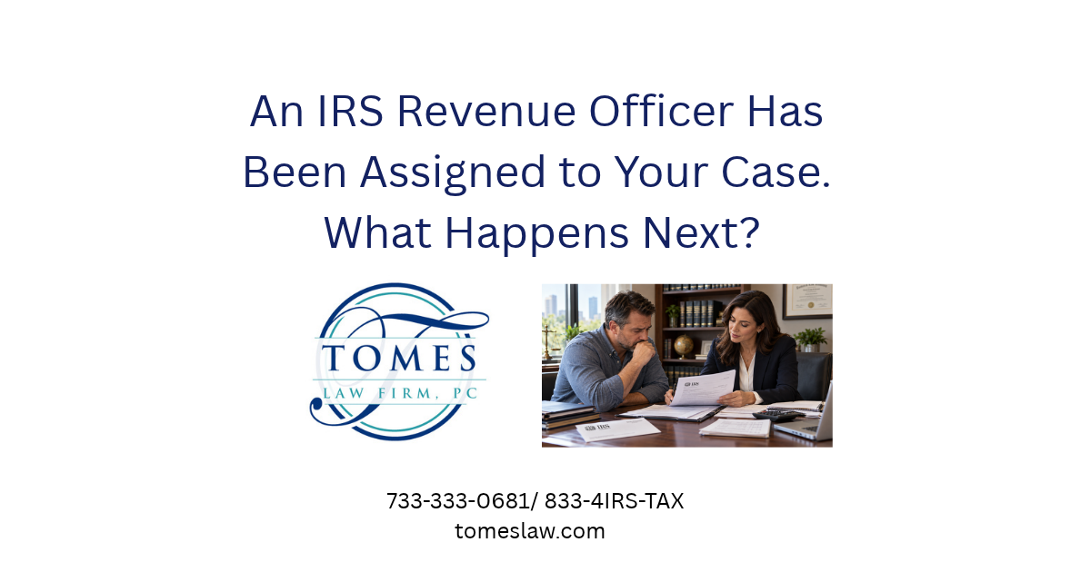 Tax attorney reviewing an IRS notice with a concerned taxpayer about a revenue officer assignment.