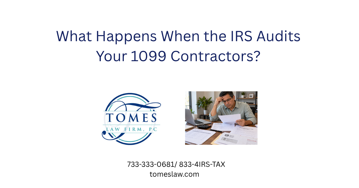 New Jersey business owner reviewing Form 1099 contractor records and IRS audit paperwork at his office desk.