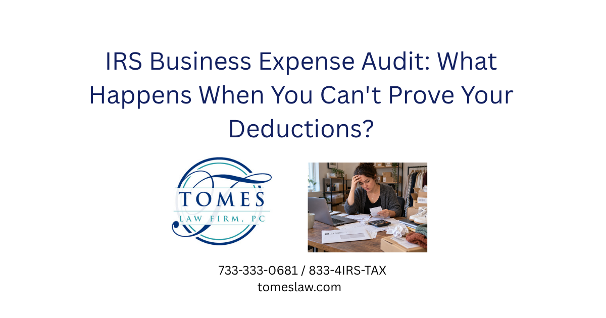 Small business owner reviewing receipts and financial records after receiving an IRS audit notice, with online resale merchandise and shipping boxes nearby.