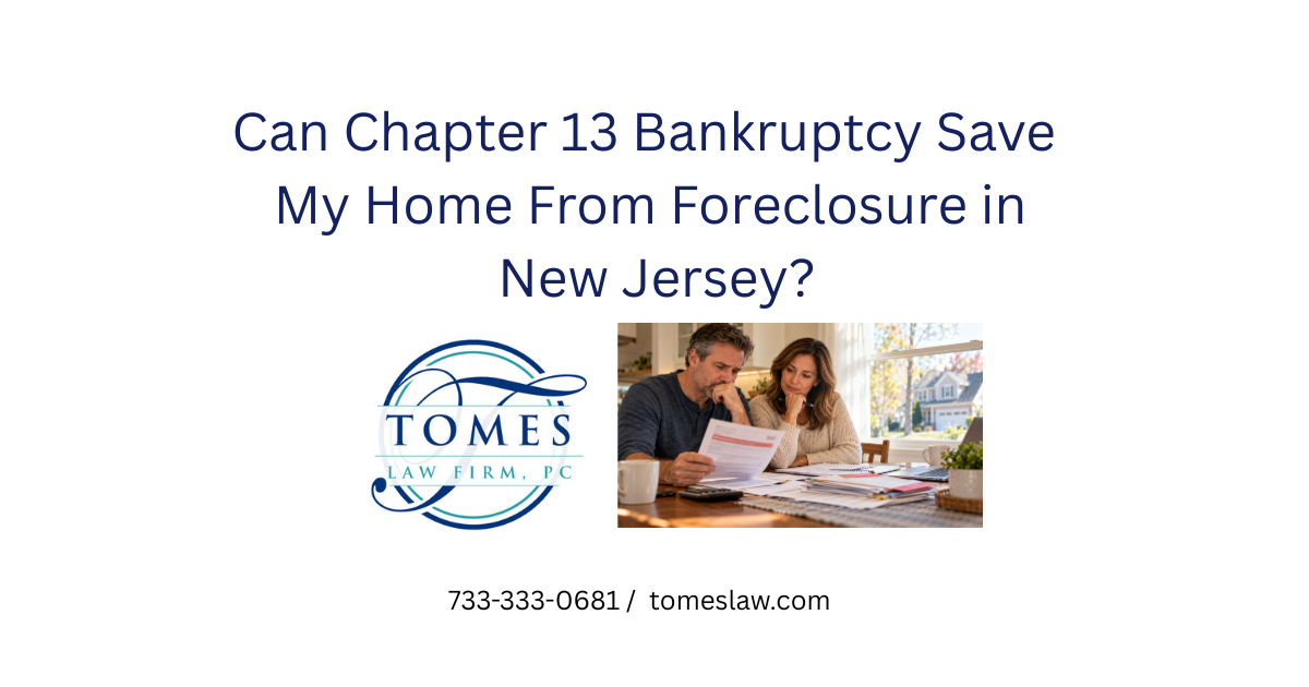 Couple reviewing mortgage and foreclosure paperwork at their kitchen table while considering Chapter 13 bankruptcy in New Jersey.