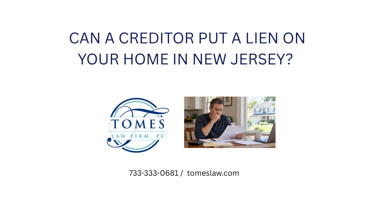 A New Jersey homeowner reviewing financial papers at his kitchen table, concerned about a creditor placing a judgment lien on his house.