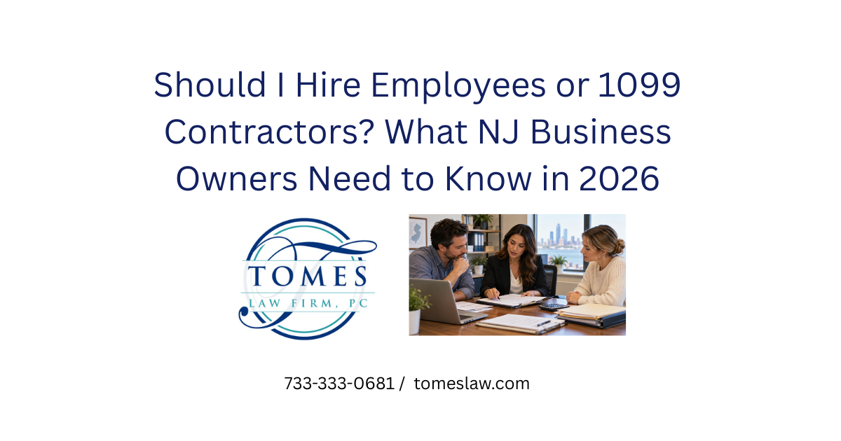 Small business owners reviewing hiring paperwork and discussing employee versus 1099 independent contractor classification in New Jersey.