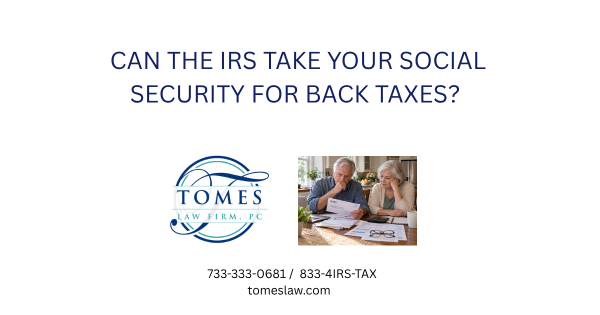 Retired couple reviewing an IRS tax notice and household bills after learning that unpaid federal taxes could reduce their Social Security benefits.