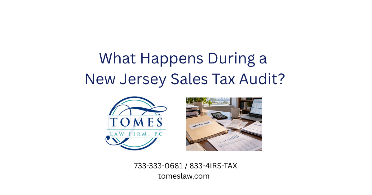 New Jersey business owner reviewing sales tax audit paperwork, receipts, and financial records at a desk
