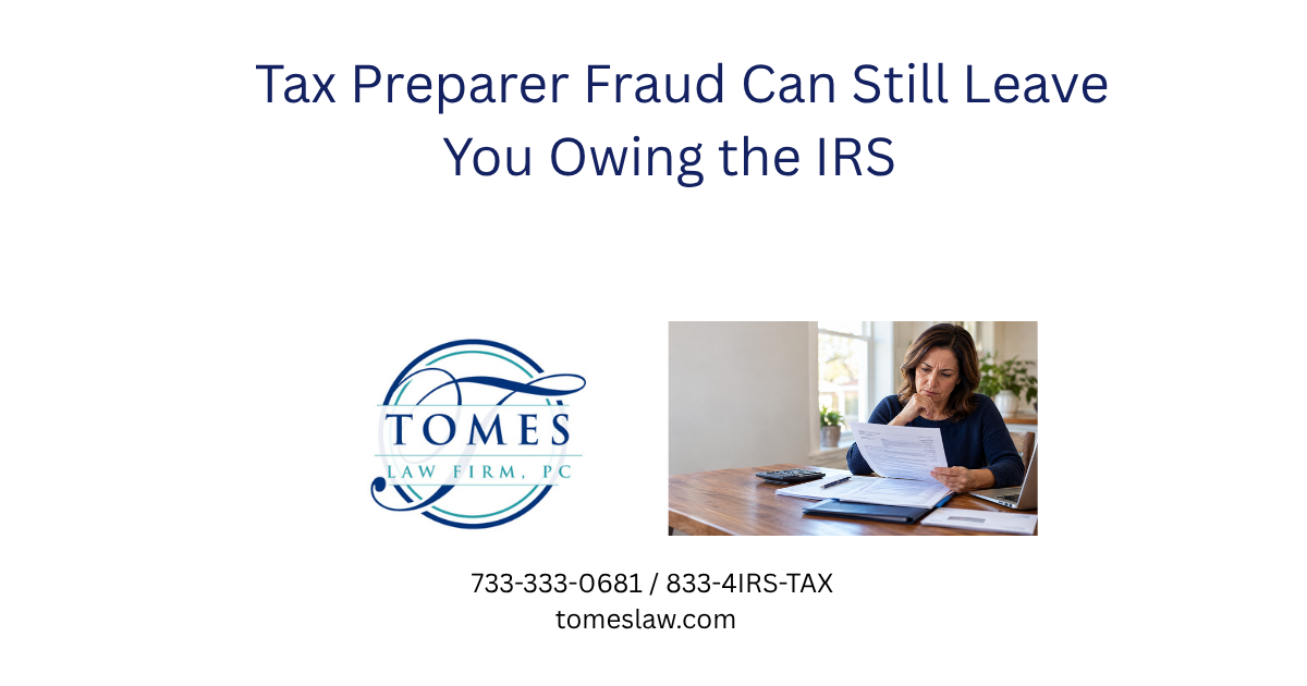 Taxpayer reviewing an IRS notice after discovering tax preparer fraud.